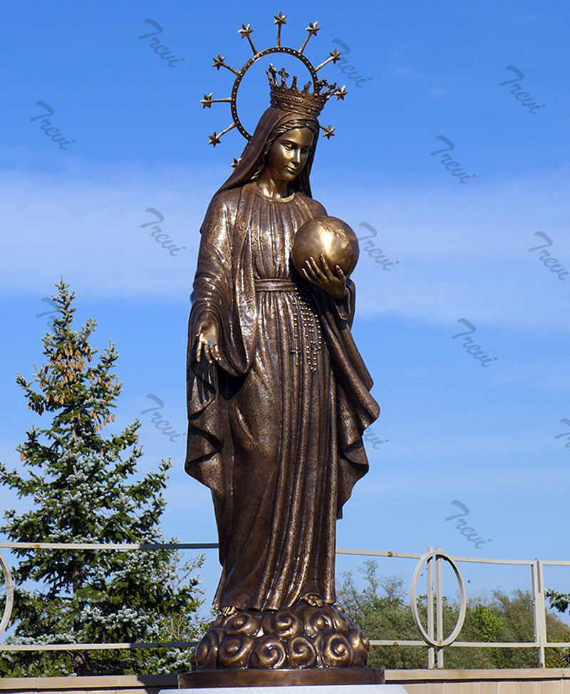 Bronze religious statues our lady of grace crowned mary holding globe outdoor
