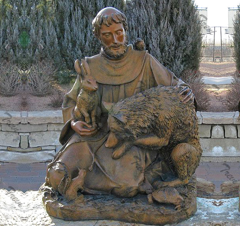St francis with wolf bronze religious outdoor garden statue for sale