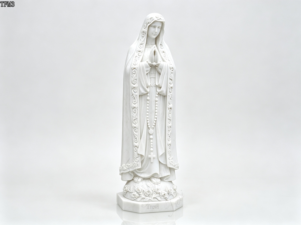 Detailed White Marble Our Lady of Fatima Statue with Rose Octagonal Pedestal