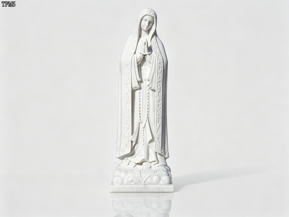 Elegant White Marble Our Lady of Fatima Statue with Cloud & Leaf Square Base