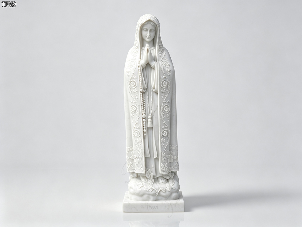 Hand Carved White Marble Our Lady of Fatima Statue with Circular Floral Cloak