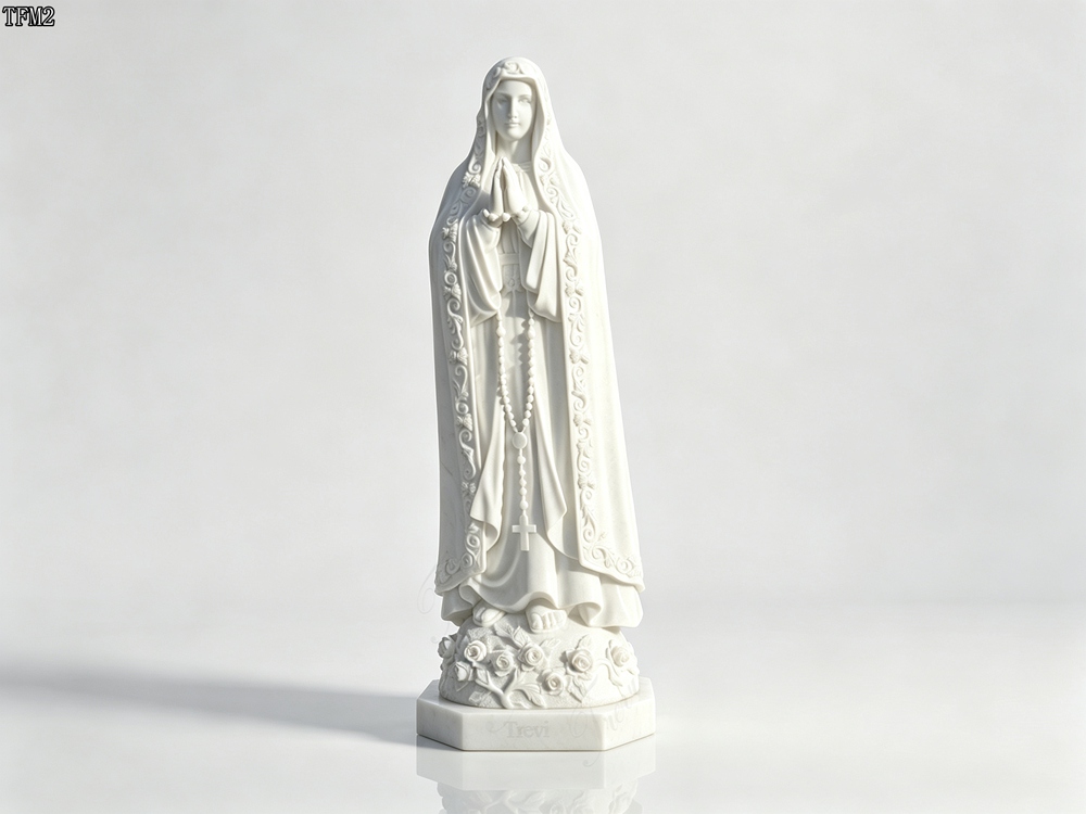White Marble Our Lady of Fatima Sculpture with Rose Carved Octagonal Base