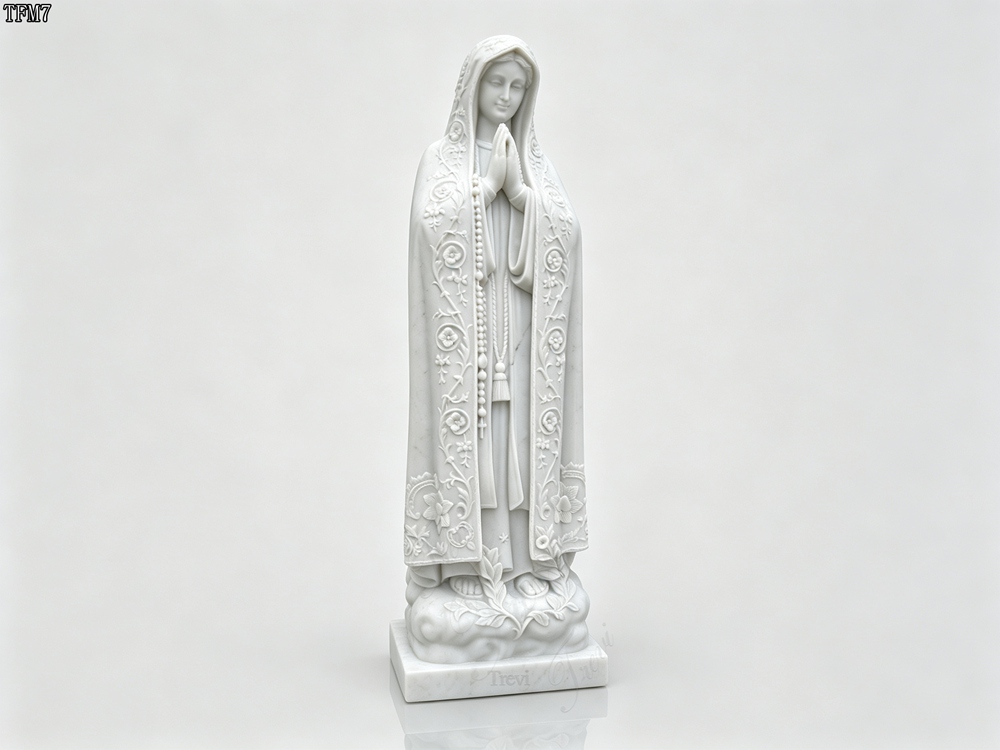 White Marble Our Lady of Fatima Sculpture with Vine Flower Relief & Cloud Base