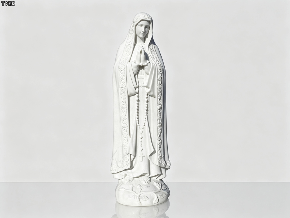 White Marble Our Lady of Fatima Statue with Floral Carved Robe & Leaf Base