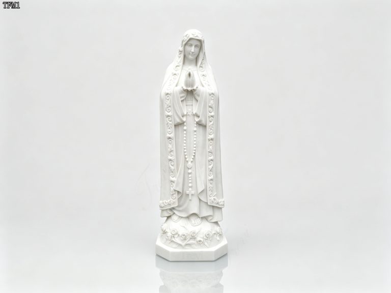White Marble Our Lady of Fatima Statue with Rose Octagonal Base & Cross Rosary