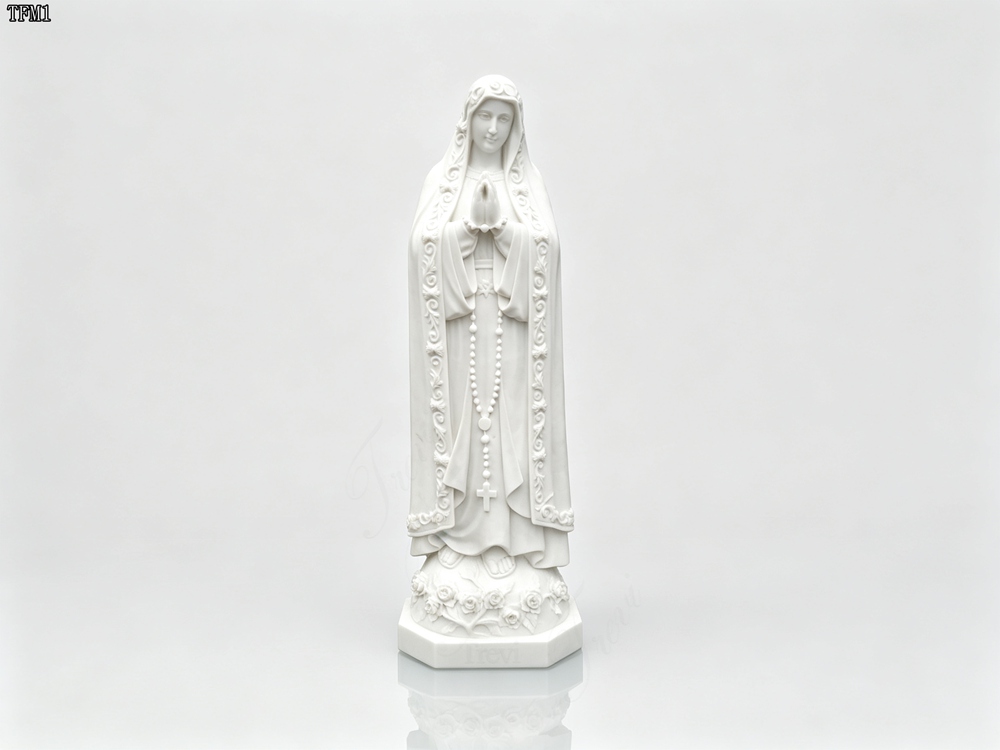 White Marble Our Lady of Fatima Statue with Rose Octagonal Base & Cross Rosary