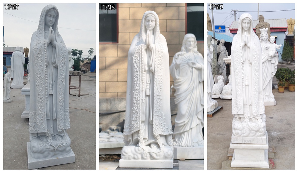 White Marble Our Lady of Fatima Statues for Sale TFM1-TFM9 3 White Marble Our Lady of Fatima Statues with Detailed Leaf & Floral Cloud Pedestal