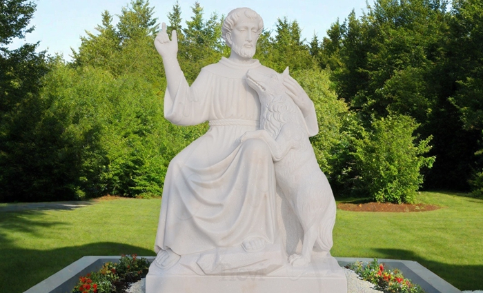 White Marble St. Francis of Assisi Garden Statue with Wolf TCH-204
