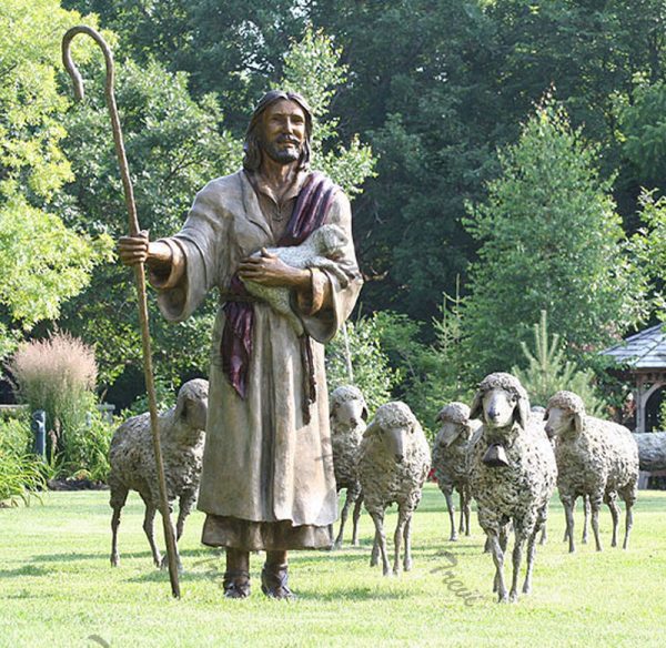 Bronze religious lawn statues of the good shepherd jesus with lambs