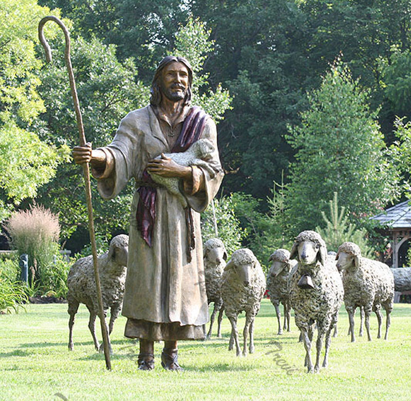 Bronze religious lawn statues of the good shepherd jesus with lambs ...
