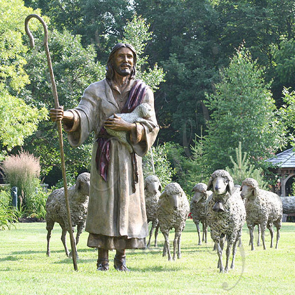 Bronze religious lawn statues of the good shepherd jesus with lambs group sculptures for sale TBC-22