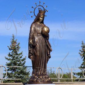 Bronze religious statues our lady of grace crowned mary holding globe outdoor decor