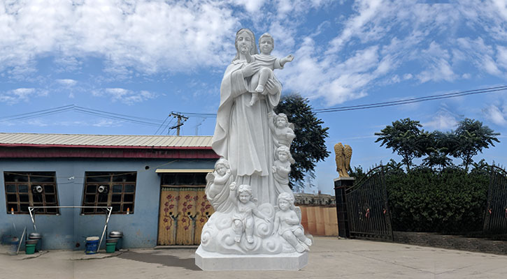 Hand-Carved Life-Size Marble Our Lady with Children Statue for Sale