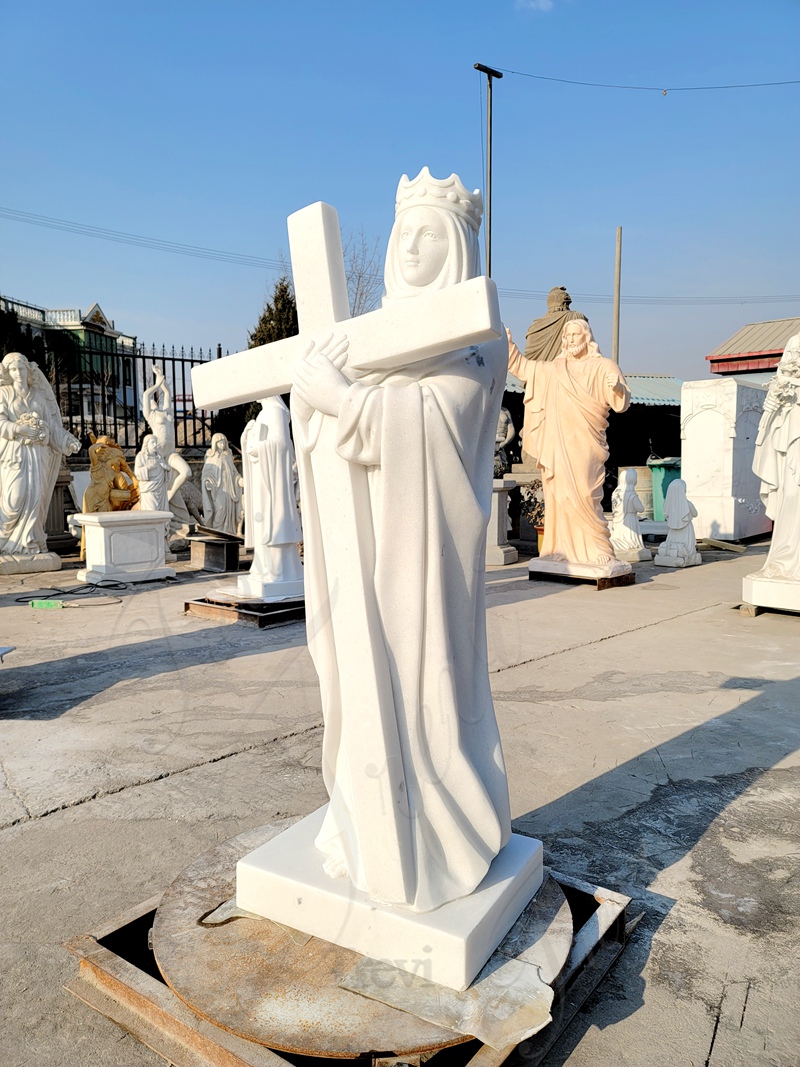 Marble Holy Mary Statue Holding Cross for Garden
