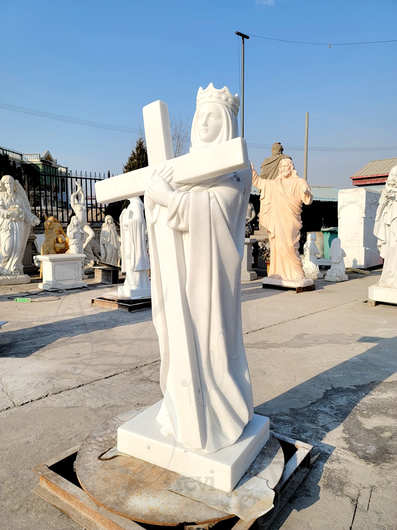 Marble Holy Mary Statue Holding Cross for Garden