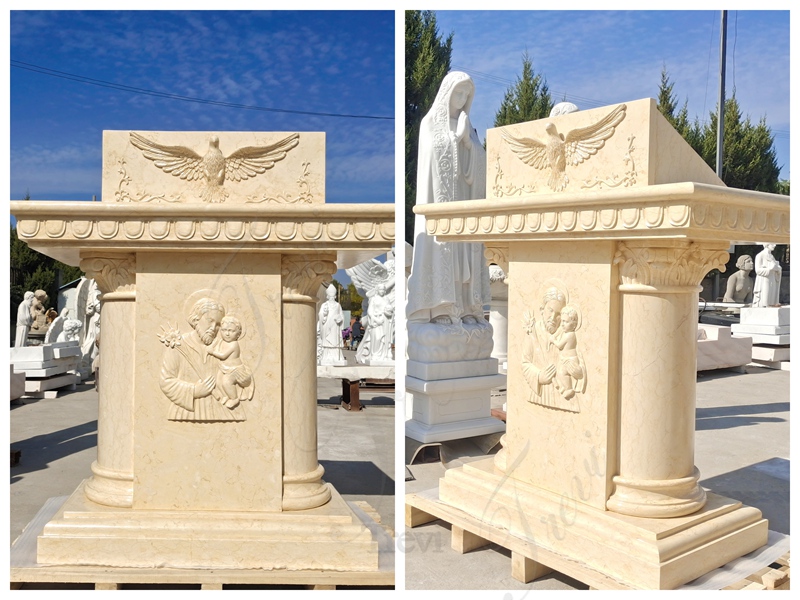 details of beige marble catholic pulpit