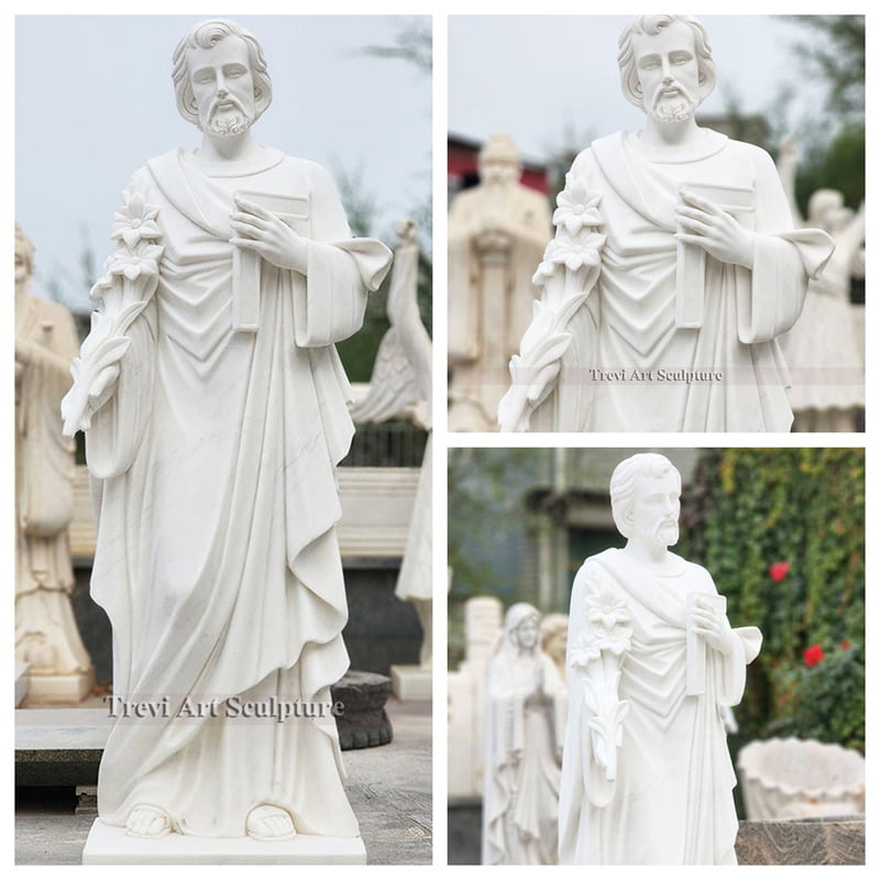 Life-size marble sculpture of Saint Joseph holding lilies