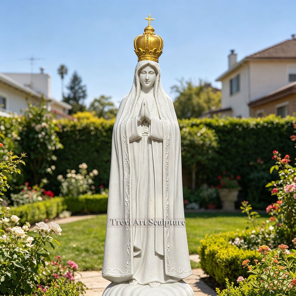 Marble Our Lady of Fatima Statue with Golden Crown 2 White marble our lady of fatima statue for home