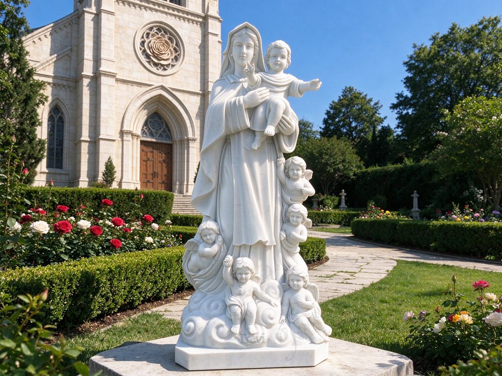 marble Virgin Mary with Children Statue in church